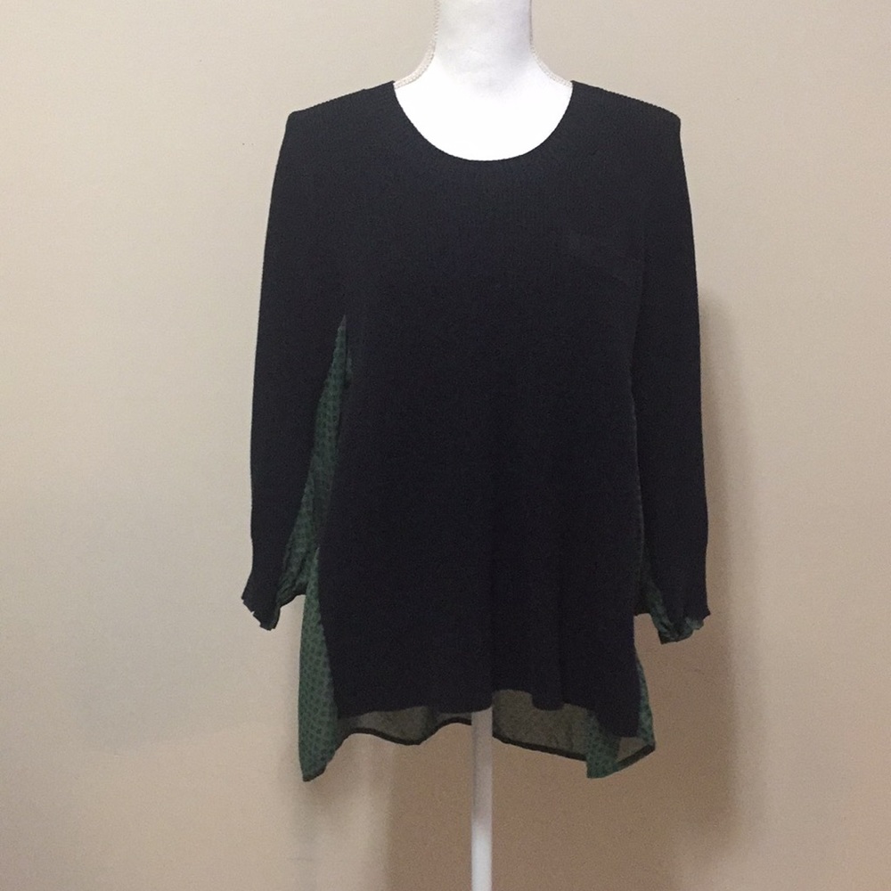 Cabi Women’s Black/Green Sweater w/Sheer Polka Dot Back Hi-Lo Look Gorge…